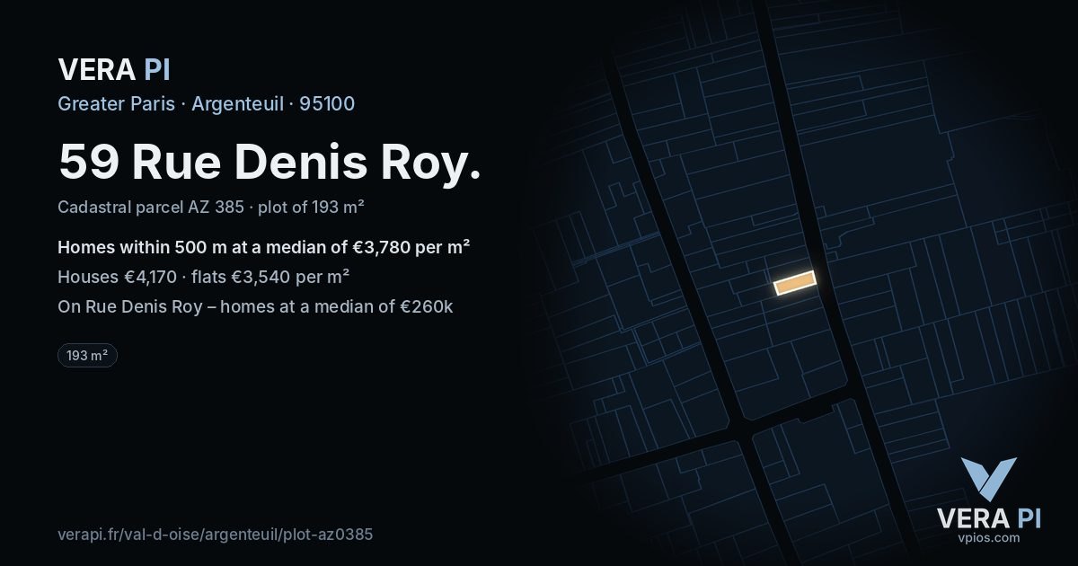 59 Rue Denis Roy, Argenteuil at night – the plot lit, the parcels around coloured by the prices near them