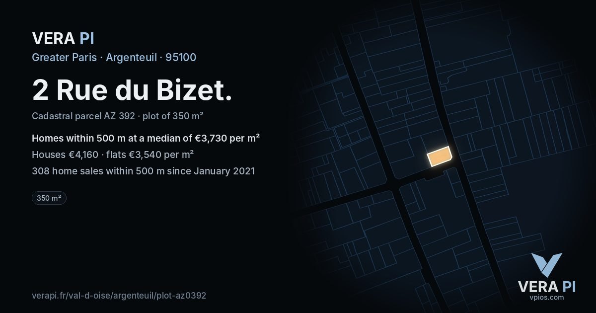 2 Rue du Bizet, Argenteuil at night – the plot lit, the parcels around coloured by the prices near them