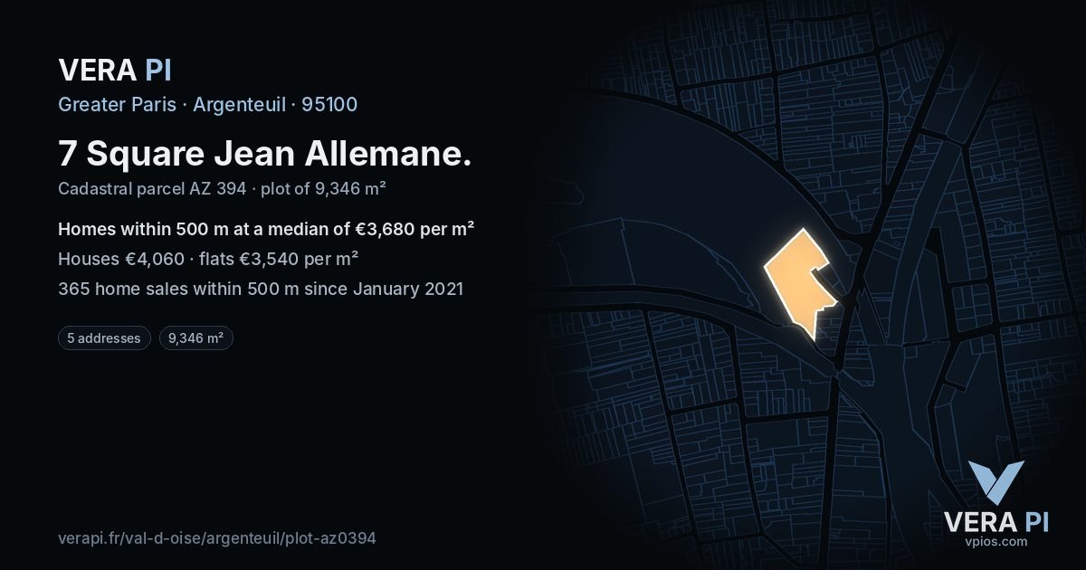 7 Square Jean Allemane, Argenteuil at night – the plot lit, the parcels around coloured by the prices near them