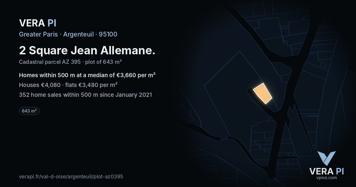 2 Square Jean Allemane, Argenteuil at night – the plot lit, the parcels around coloured by the prices near them
