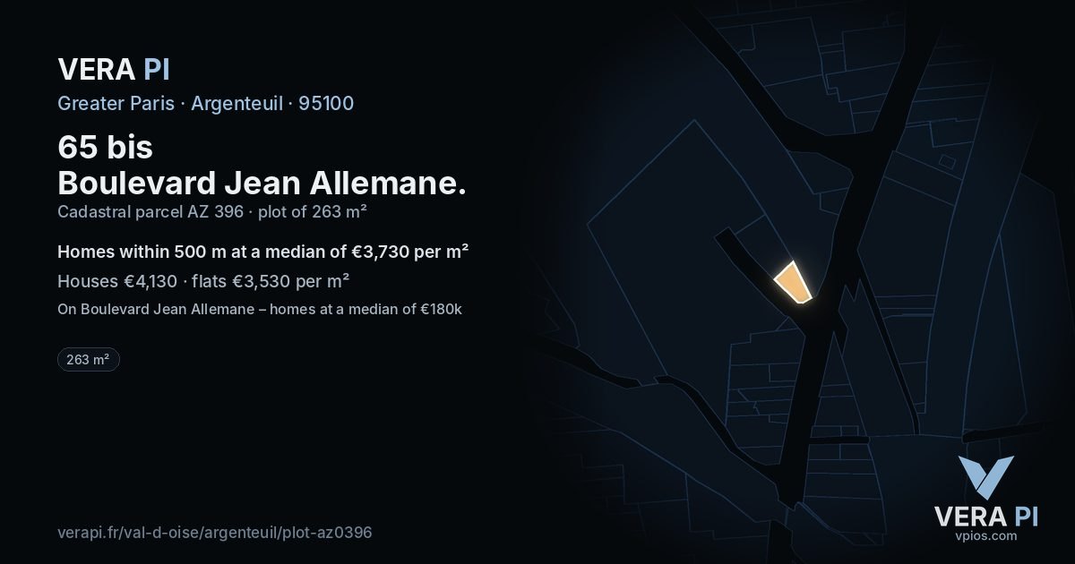65 bis Boulevard Jean Allemane, Argenteuil at night – the plot lit, the parcels around coloured by the prices near them