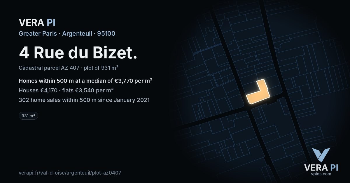 4 Rue du Bizet, Argenteuil at night – the plot lit, the parcels around coloured by the prices near them