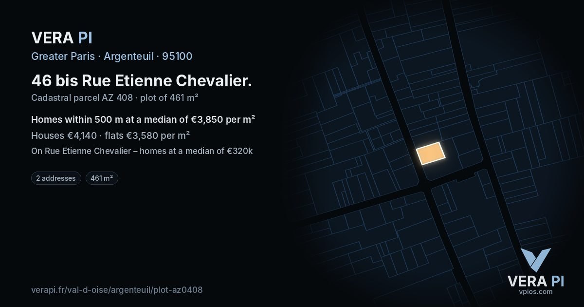 46 bis Rue Etienne Chevalier, Argenteuil at night – the plot lit, the parcels around coloured by the prices near them