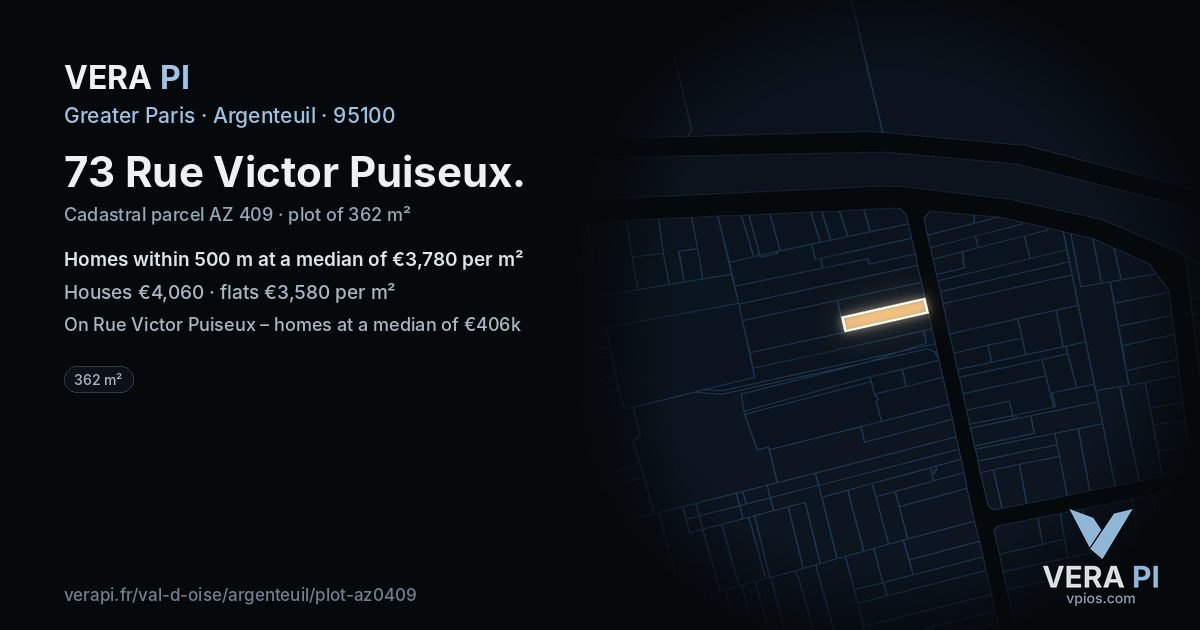 73 Rue Victor Puiseux, Argenteuil at night – the plot lit, the parcels around coloured by the prices near them