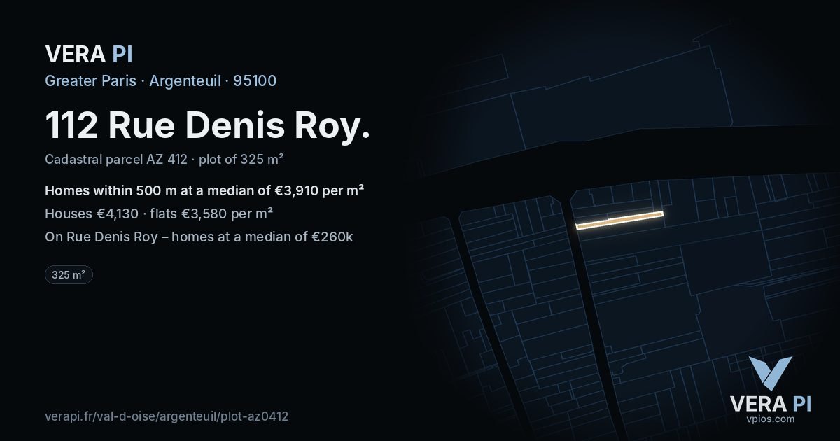 112 Rue Denis Roy, Argenteuil at night – the plot lit, the parcels around coloured by the prices near them