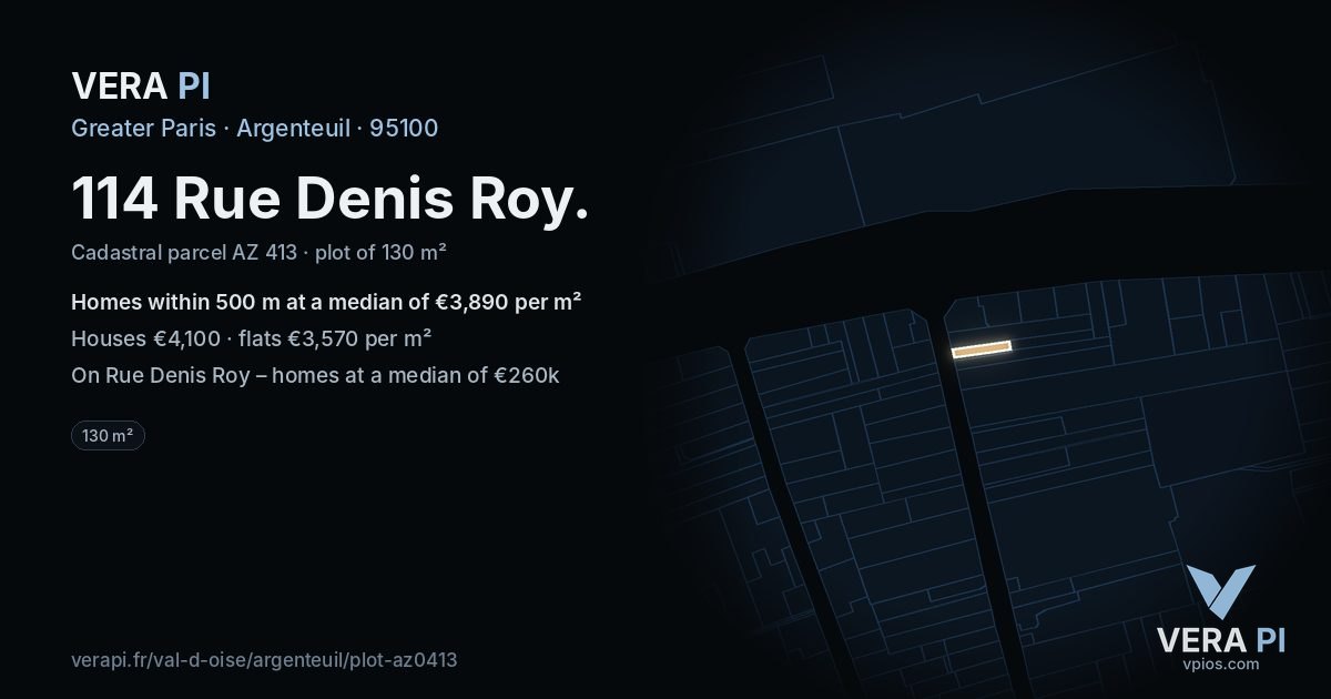 114 Rue Denis Roy, Argenteuil at night – the plot lit, the parcels around coloured by the prices near them