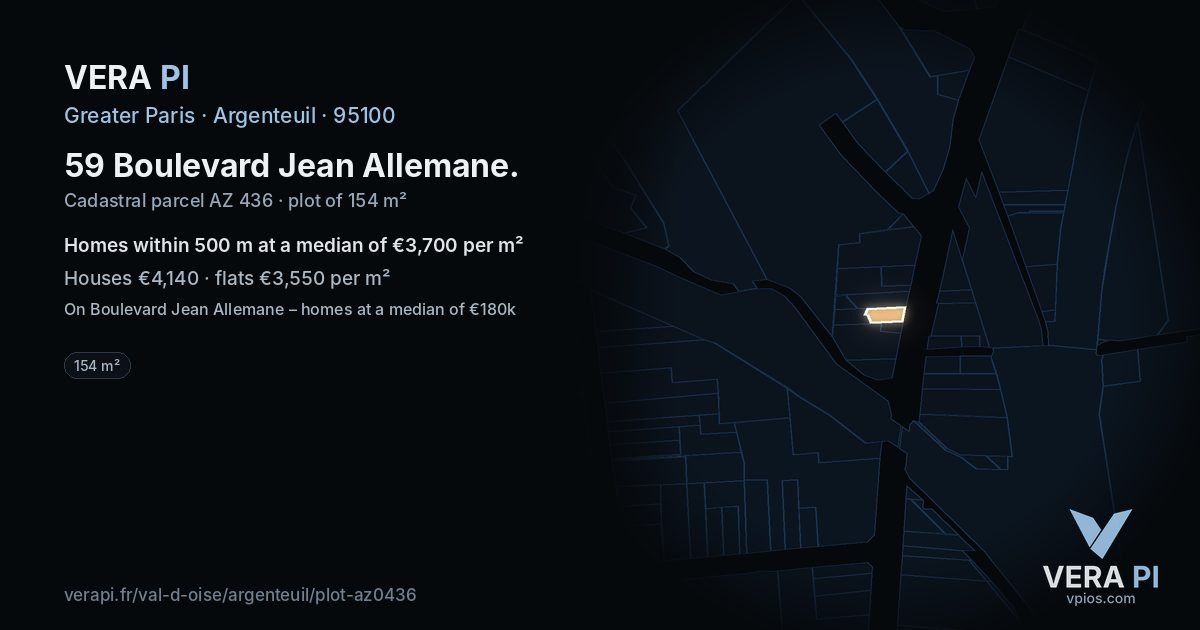 59 Boulevard Jean Allemane, Argenteuil at night – the plot lit, the parcels around coloured by the prices near them