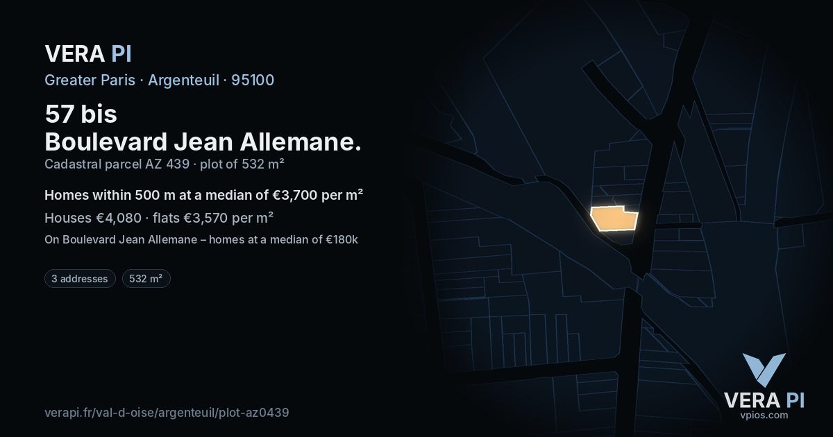 57 bis Boulevard Jean Allemane, Argenteuil at night – the plot lit, the parcels around coloured by the prices near them