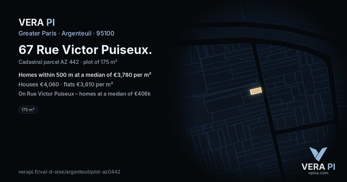 67 Rue Victor Puiseux, Argenteuil at night – the plot lit, the parcels around coloured by the prices near them