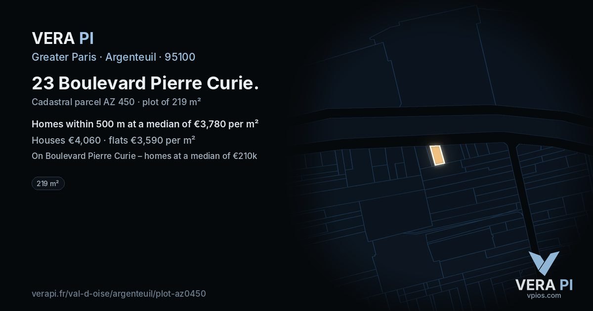 23 Boulevard Pierre Curie, Argenteuil at night – the plot lit, the parcels around coloured by the prices near them