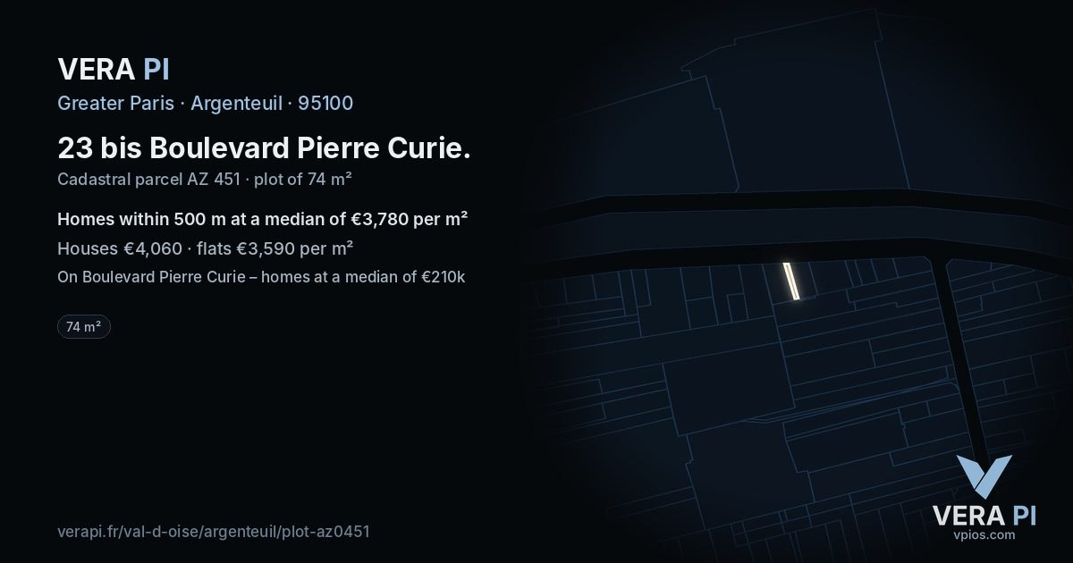 23 bis Boulevard Pierre Curie, Argenteuil at night – the plot lit, the parcels around coloured by the prices near them