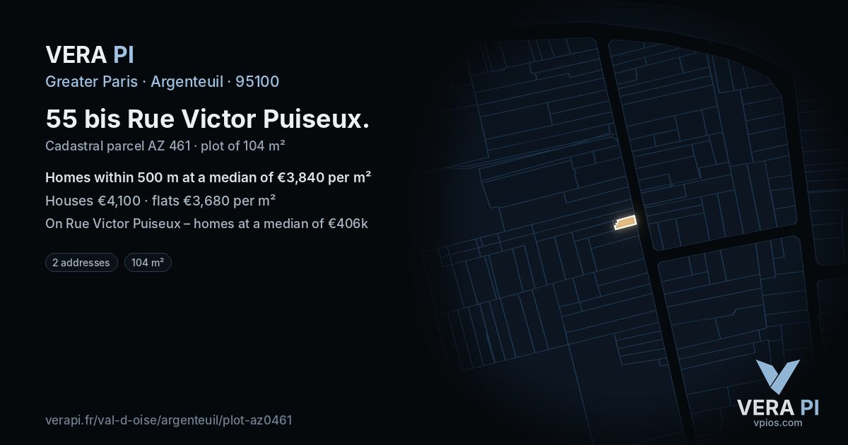 55 bis Rue Victor Puiseux, Argenteuil at night – the plot lit, the parcels around coloured by the prices near them