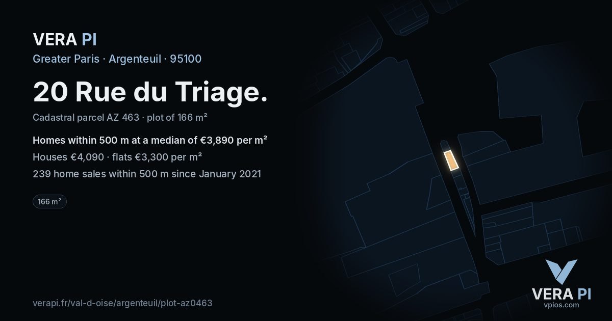 20 Rue du Triage, Argenteuil at night – the plot lit, the parcels around coloured by the prices near them