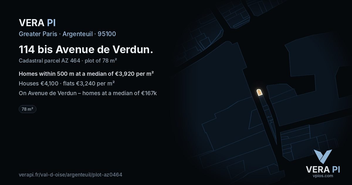 114 bis Avenue de Verdun, Argenteuil at night – the plot lit, the parcels around coloured by the prices near them