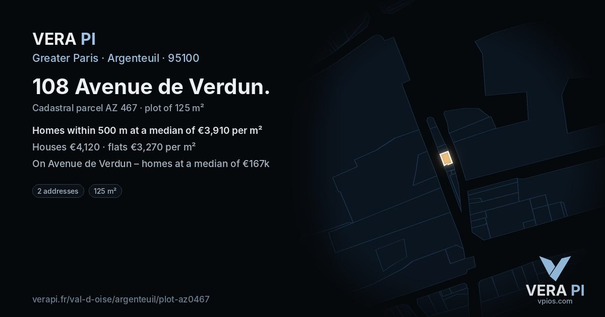 108 Avenue de Verdun, Argenteuil at night – the plot lit, the parcels around coloured by the prices near them