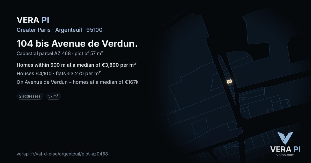 104 bis Avenue de Verdun, Argenteuil at night – the plot lit, the parcels around coloured by the prices near them