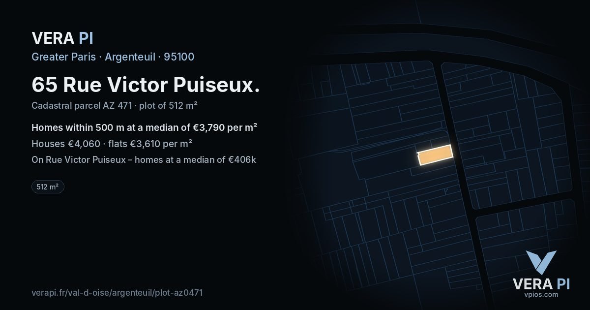 65 Rue Victor Puiseux, Argenteuil at night – the plot lit, the parcels around coloured by the prices near them