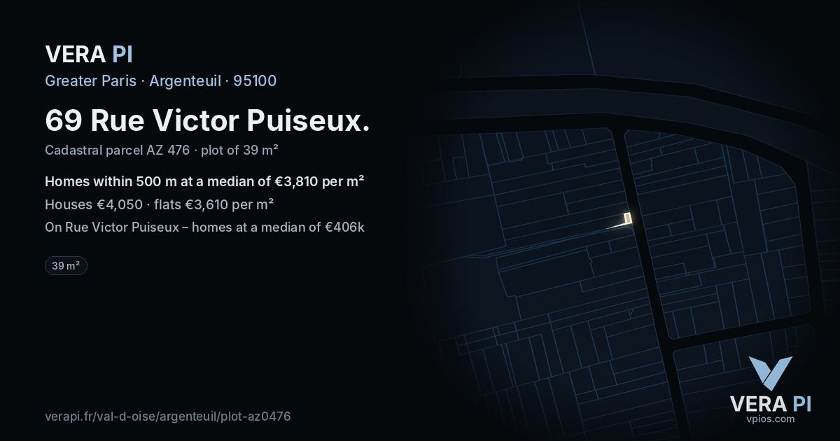 69 Rue Victor Puiseux, Argenteuil at night – the plot lit, the parcels around coloured by the prices near them