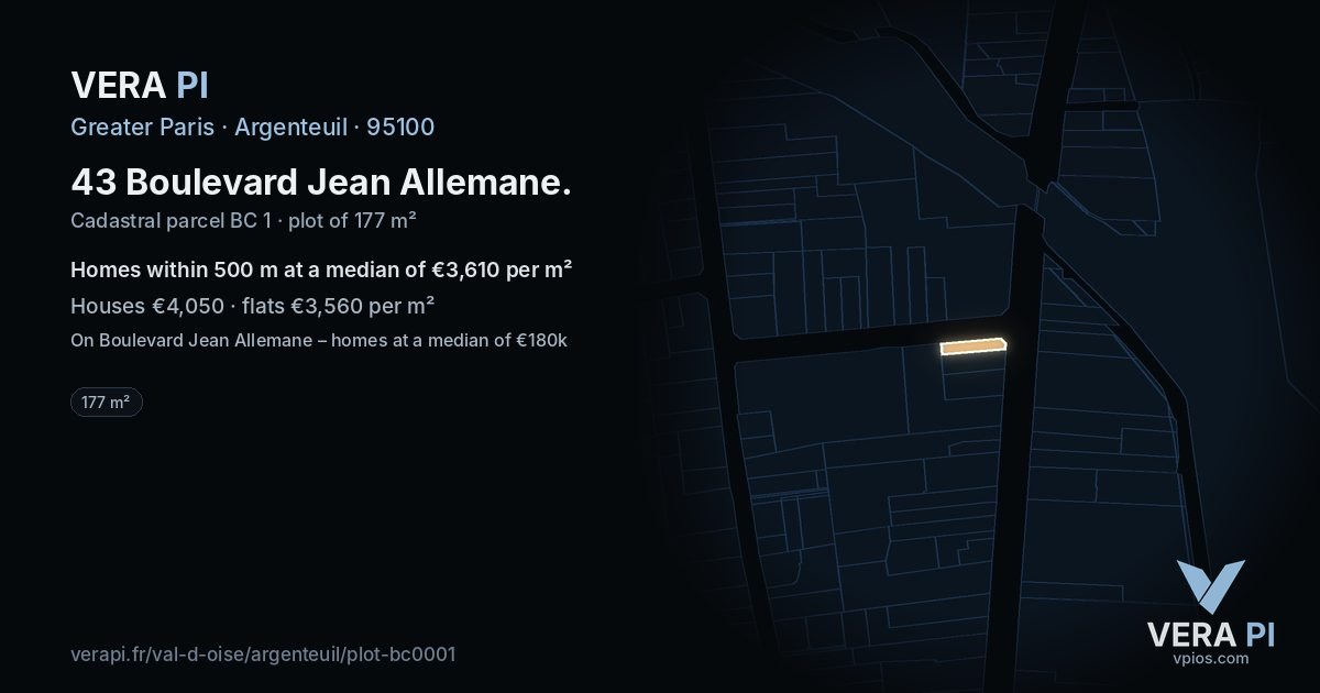 43 Boulevard Jean Allemane, Argenteuil at night – the plot lit, the parcels around coloured by the prices near them