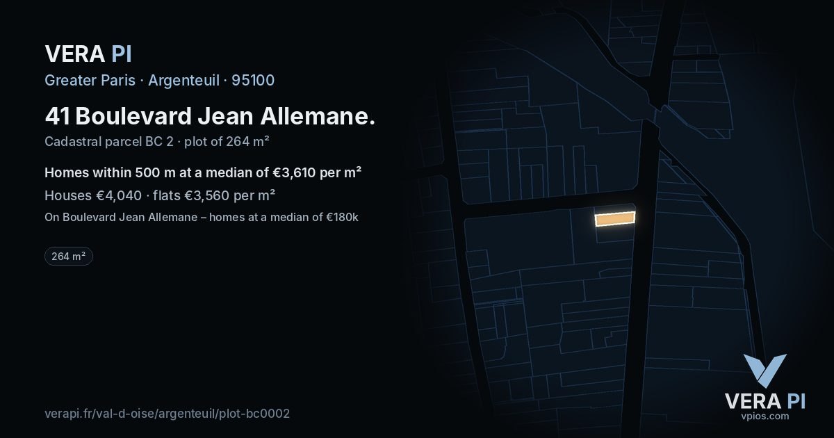 41 Boulevard Jean Allemane, Argenteuil at night – the plot lit, the parcels around coloured by the prices near them