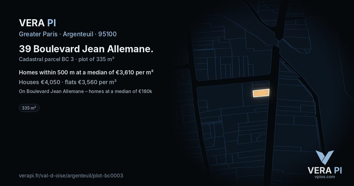 39 Boulevard Jean Allemane, Argenteuil at night – the plot lit, the parcels around coloured by the prices near them