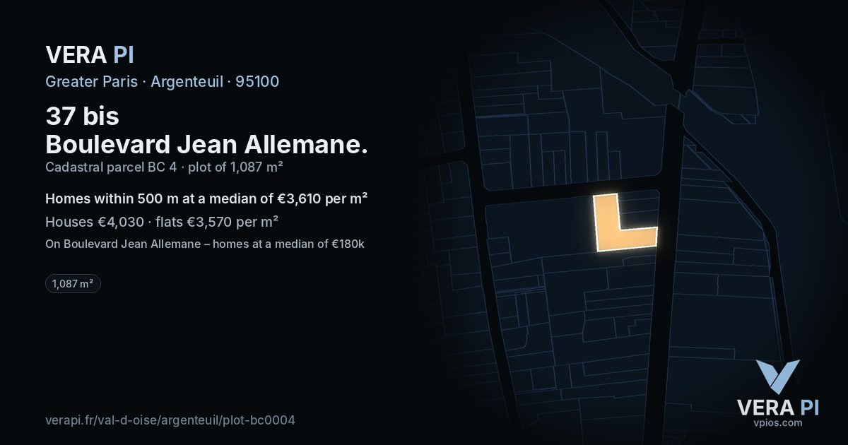 37 bis Boulevard Jean Allemane, Argenteuil at night – the plot lit, the parcels around coloured by the prices near them