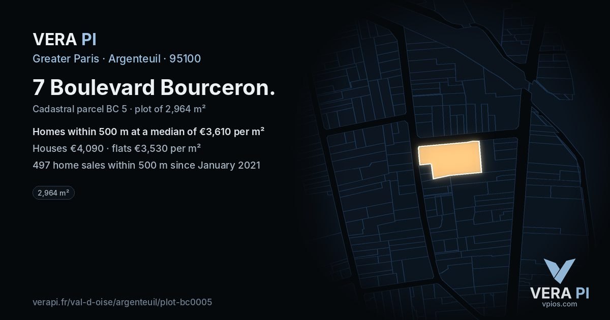 7 Boulevard Bourceron, Argenteuil at night – the plot lit, the parcels around coloured by the prices near them