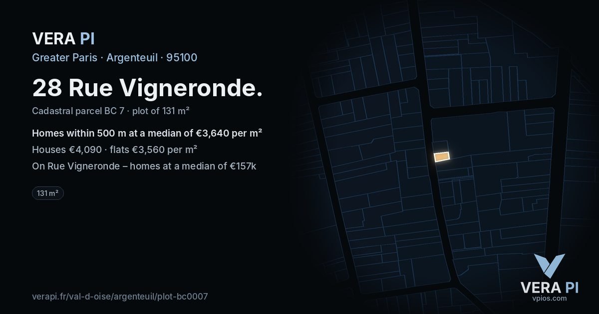 28 Rue Vigneronde, Argenteuil at night – the plot lit, the parcels around coloured by the prices near them