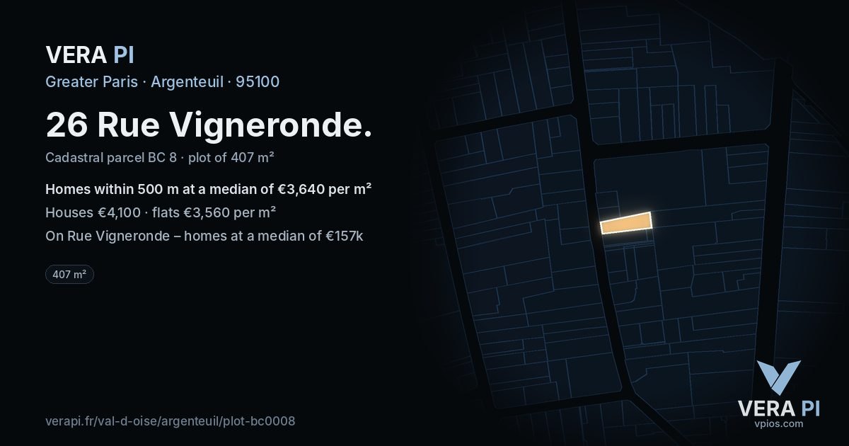 26 Rue Vigneronde, Argenteuil at night – the plot lit, the parcels around coloured by the prices near them