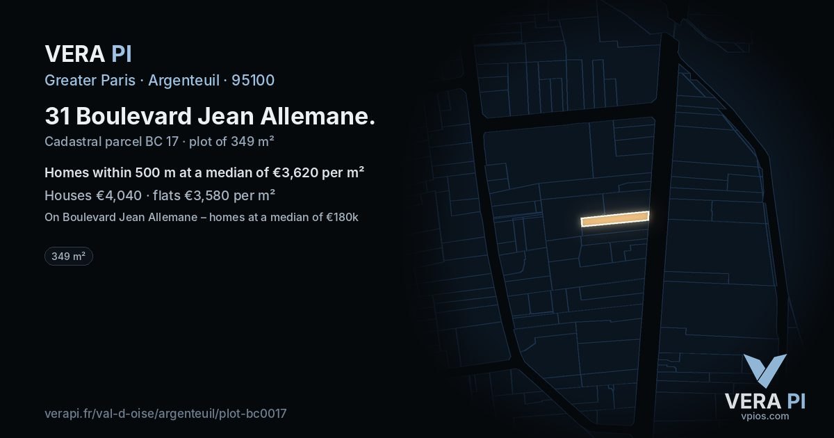 31 Boulevard Jean Allemane, Argenteuil at night – the plot lit, the parcels around coloured by the prices near them
