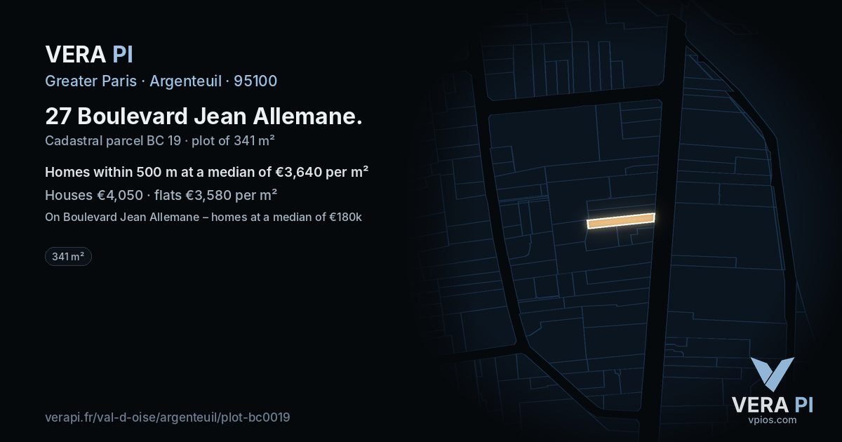 27 Boulevard Jean Allemane, Argenteuil at night – the plot lit, the parcels around coloured by the prices near them