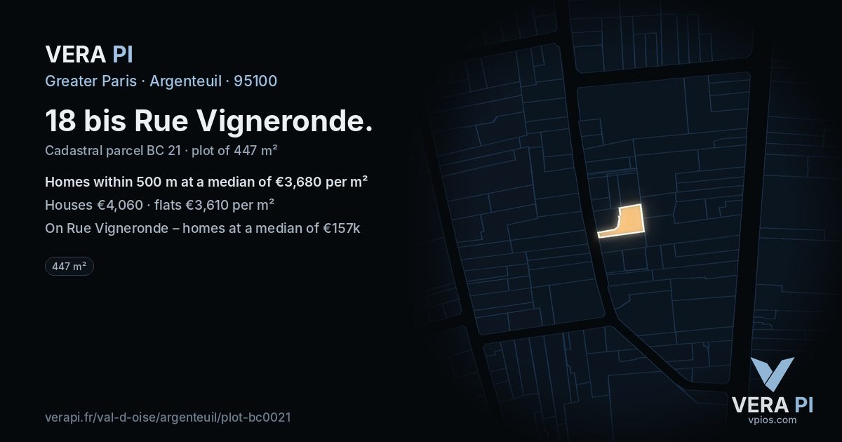 18 bis Rue Vigneronde, Argenteuil at night – the plot lit, the parcels around coloured by the prices near them