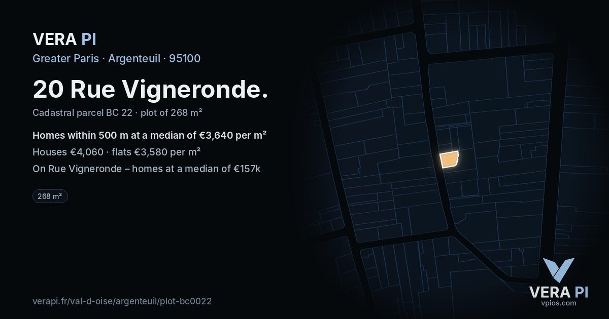20 Rue Vigneronde, Argenteuil at night – the plot lit, the parcels around coloured by the prices near them