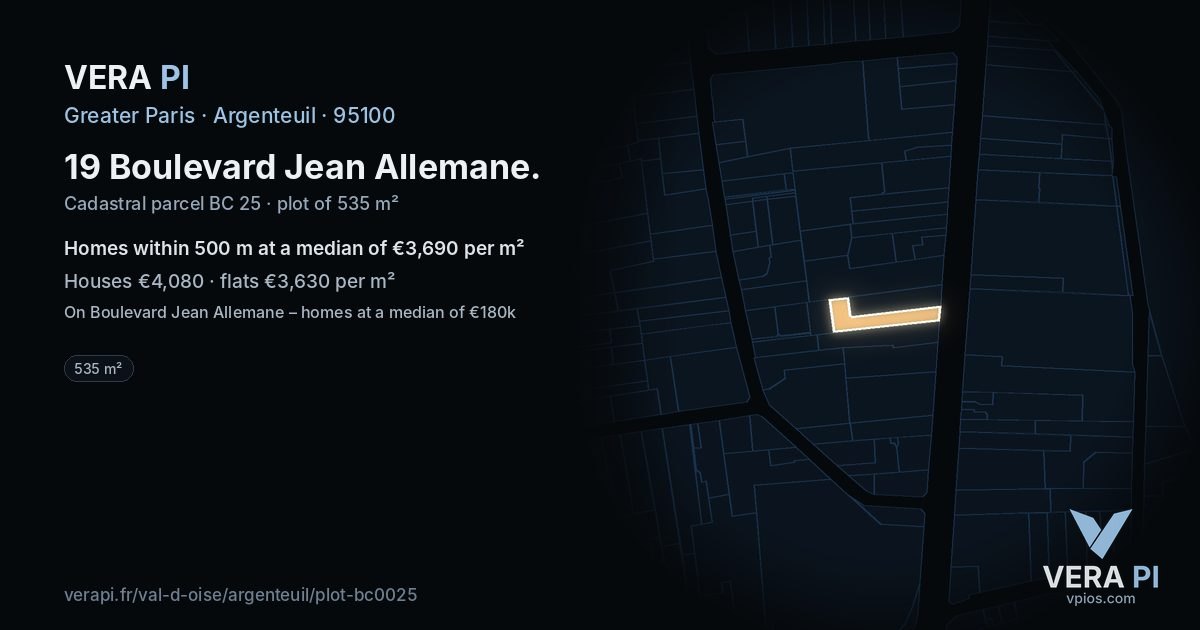 19 Boulevard Jean Allemane, Argenteuil at night – the plot lit, the parcels around coloured by the prices near them