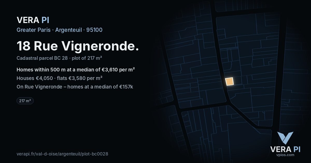 18 Rue Vigneronde, Argenteuil at night – the plot lit, the parcels around coloured by the prices near them