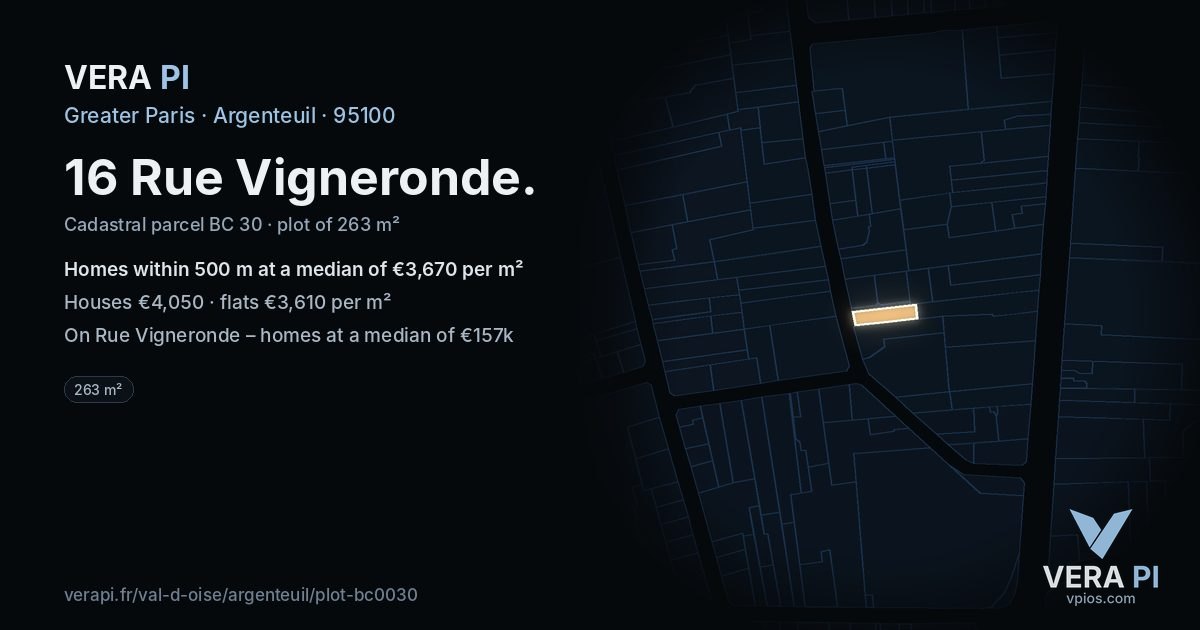 16 Rue Vigneronde, Argenteuil at night – the plot lit, the parcels around coloured by the prices near them