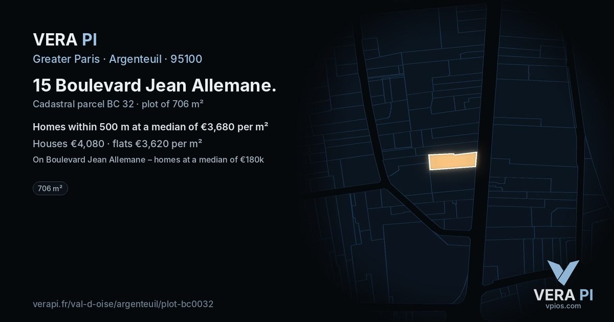 15 Boulevard Jean Allemane, Argenteuil at night – the plot lit, the parcels around coloured by the prices near them