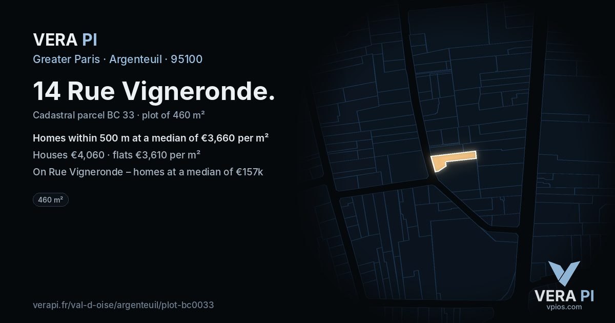 14 Rue Vigneronde, Argenteuil at night – the plot lit, the parcels around coloured by the prices near them