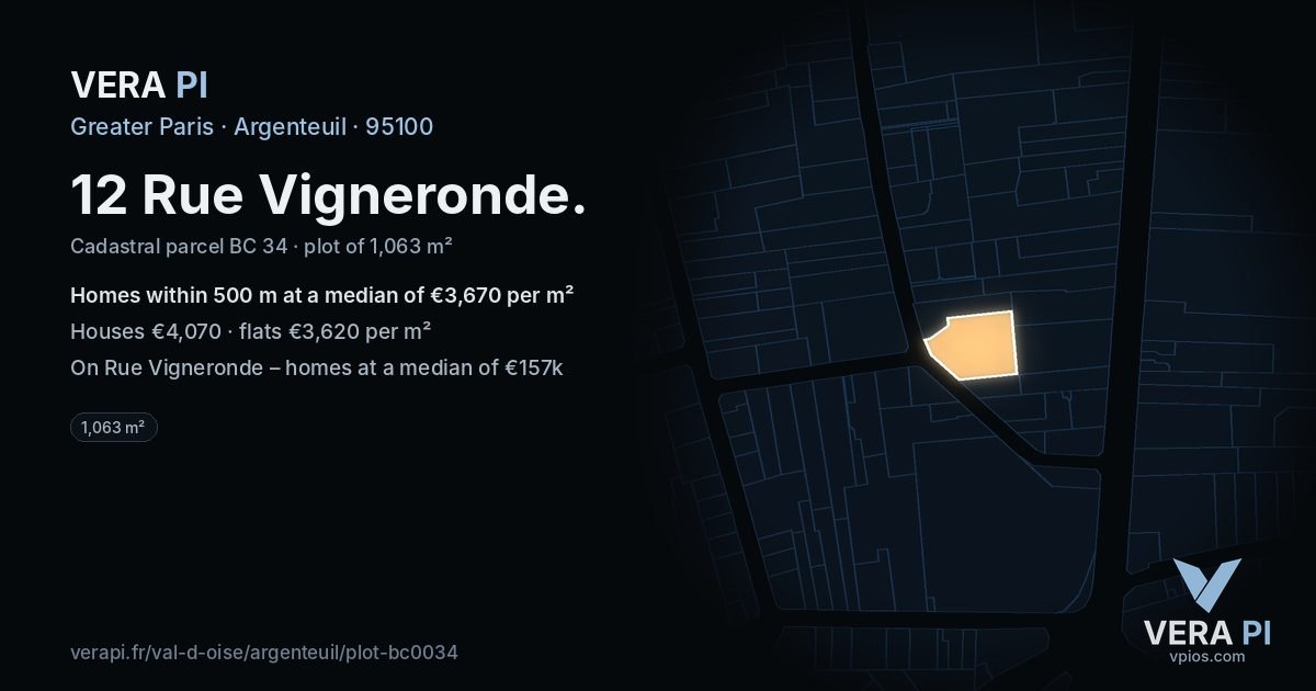 12 Rue Vigneronde, Argenteuil at night – the plot lit, the parcels around coloured by the prices near them