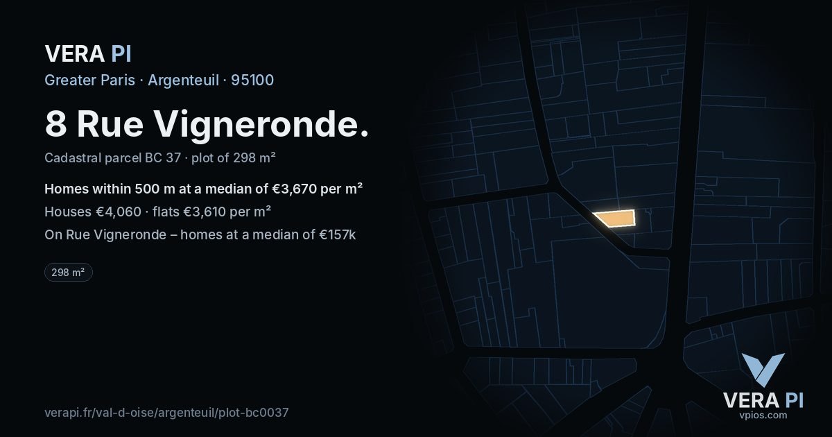 8 Rue Vigneronde, Argenteuil at night – the plot lit, the parcels around coloured by the prices near them