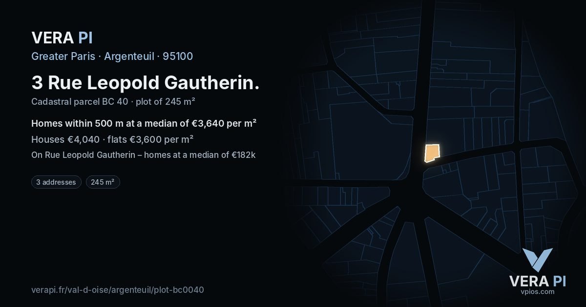 3 Rue Leopold Gautherin, Argenteuil at night – the plot lit, the parcels around coloured by the prices near them