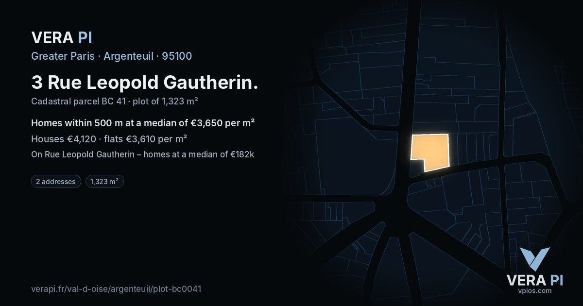 3 Rue Leopold Gautherin, Argenteuil at night – the plot lit, the parcels around coloured by the prices near them