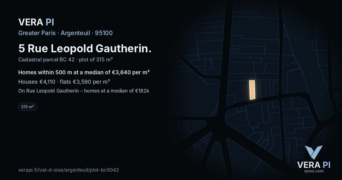 5 Rue Leopold Gautherin, Argenteuil at night – the plot lit, the parcels around coloured by the prices near them