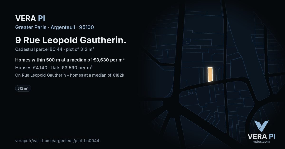 9 Rue Leopold Gautherin, Argenteuil at night – the plot lit, the parcels around coloured by the prices near them