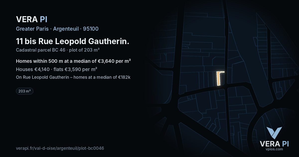 11 bis Rue Leopold Gautherin, Argenteuil at night – the plot lit, the parcels around coloured by the prices near them