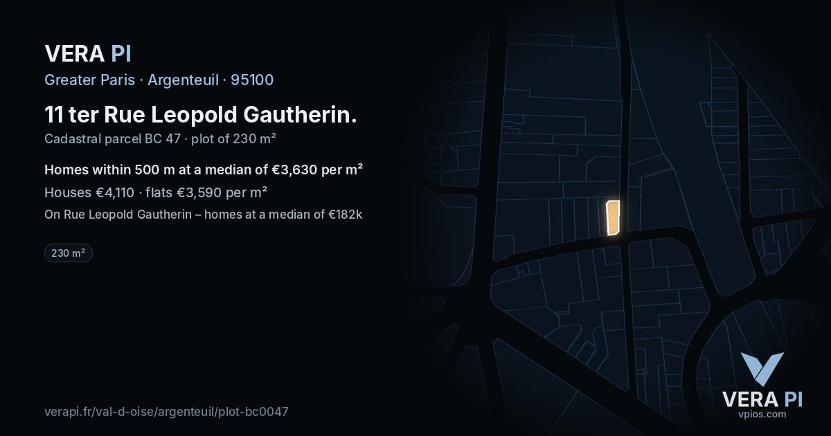 11 ter Rue Leopold Gautherin, Argenteuil at night – the plot lit, the parcels around coloured by the prices near them