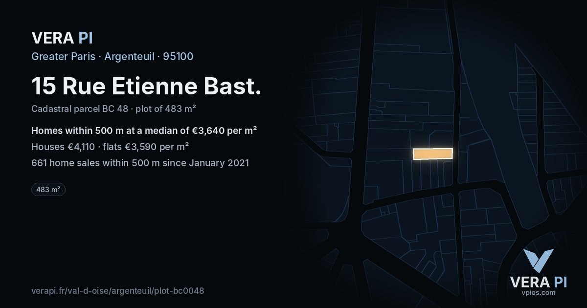 15 Rue Etienne Bast, Argenteuil at night – the plot lit, the parcels around coloured by the prices near them