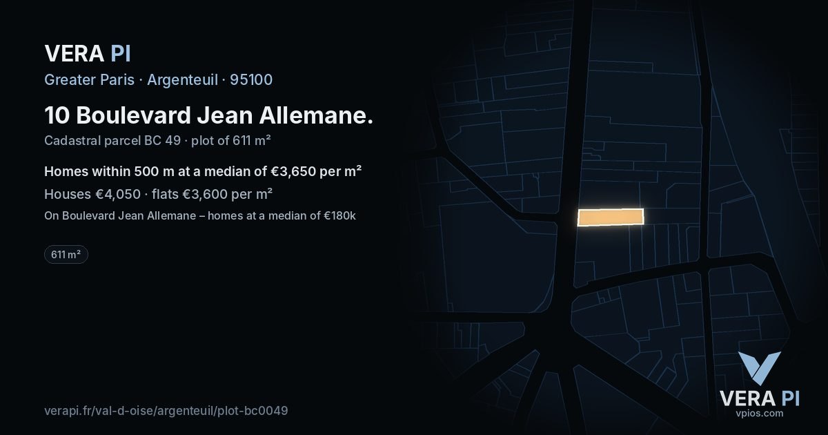 10 Boulevard Jean Allemane, Argenteuil at night – the plot lit, the parcels around coloured by the prices near them