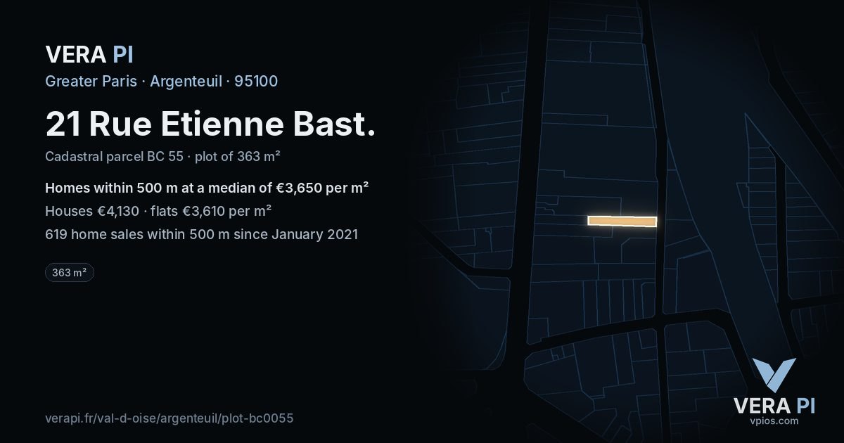 21 Rue Etienne Bast, Argenteuil at night – the plot lit, the parcels around coloured by the prices near them