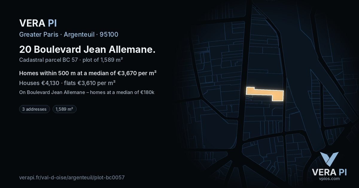 20 Boulevard Jean Allemane, Argenteuil at night – the plot lit, the parcels around coloured by the prices near them